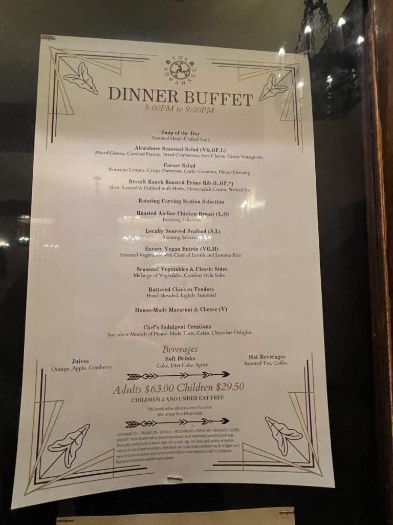 Dinner Buffet Menu on a notice board at Ahwahnee