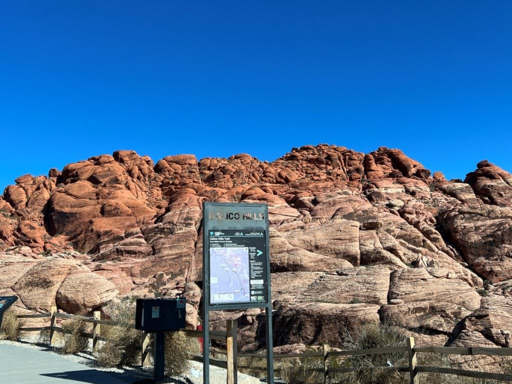 Red Rock formations at Calico Hills with an information board in the front