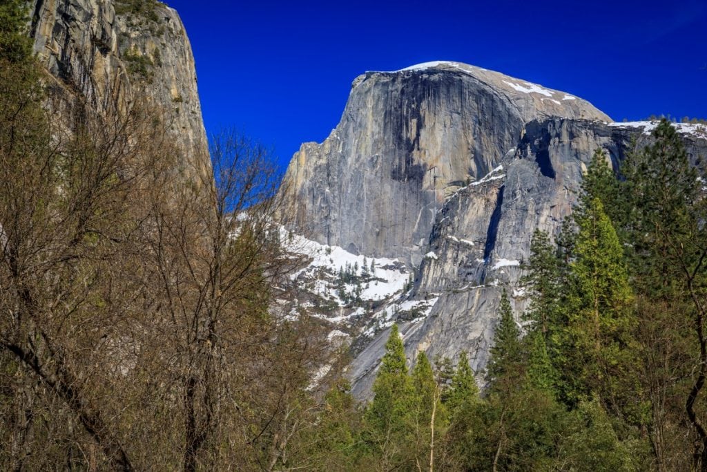 Close up of Half Dome with snow in Yosemite