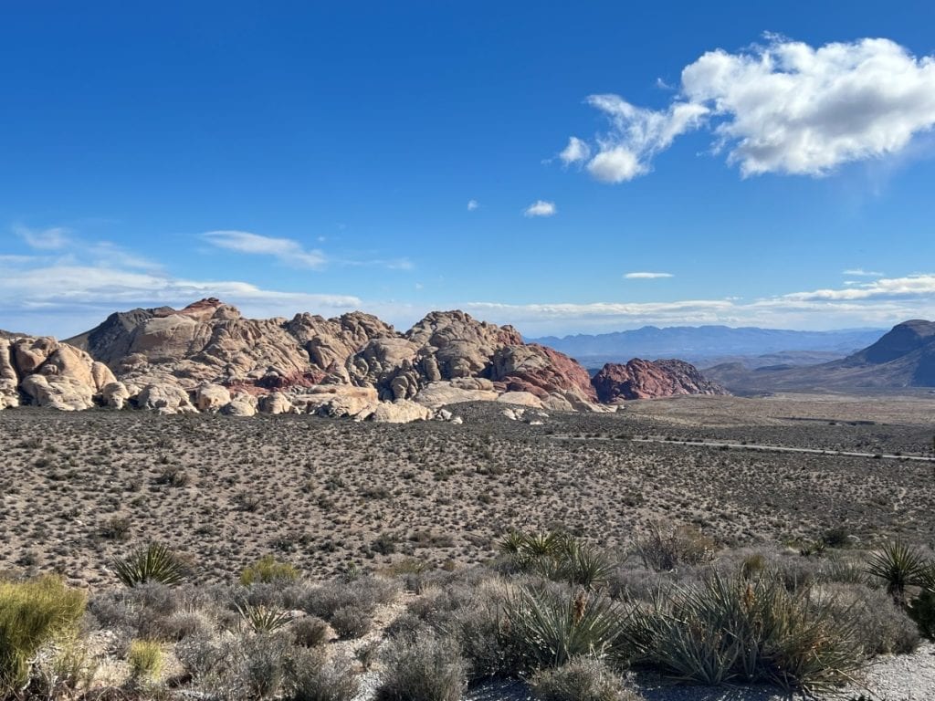 Views of Calico Hills and the desert landscape in the front from High Point Overlook