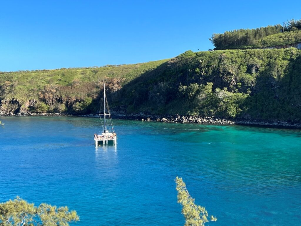 A catamaran boat in blue waters of Hawaii