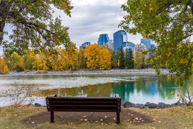 View of Calgary downtown and Bow river from Prince's Island Park