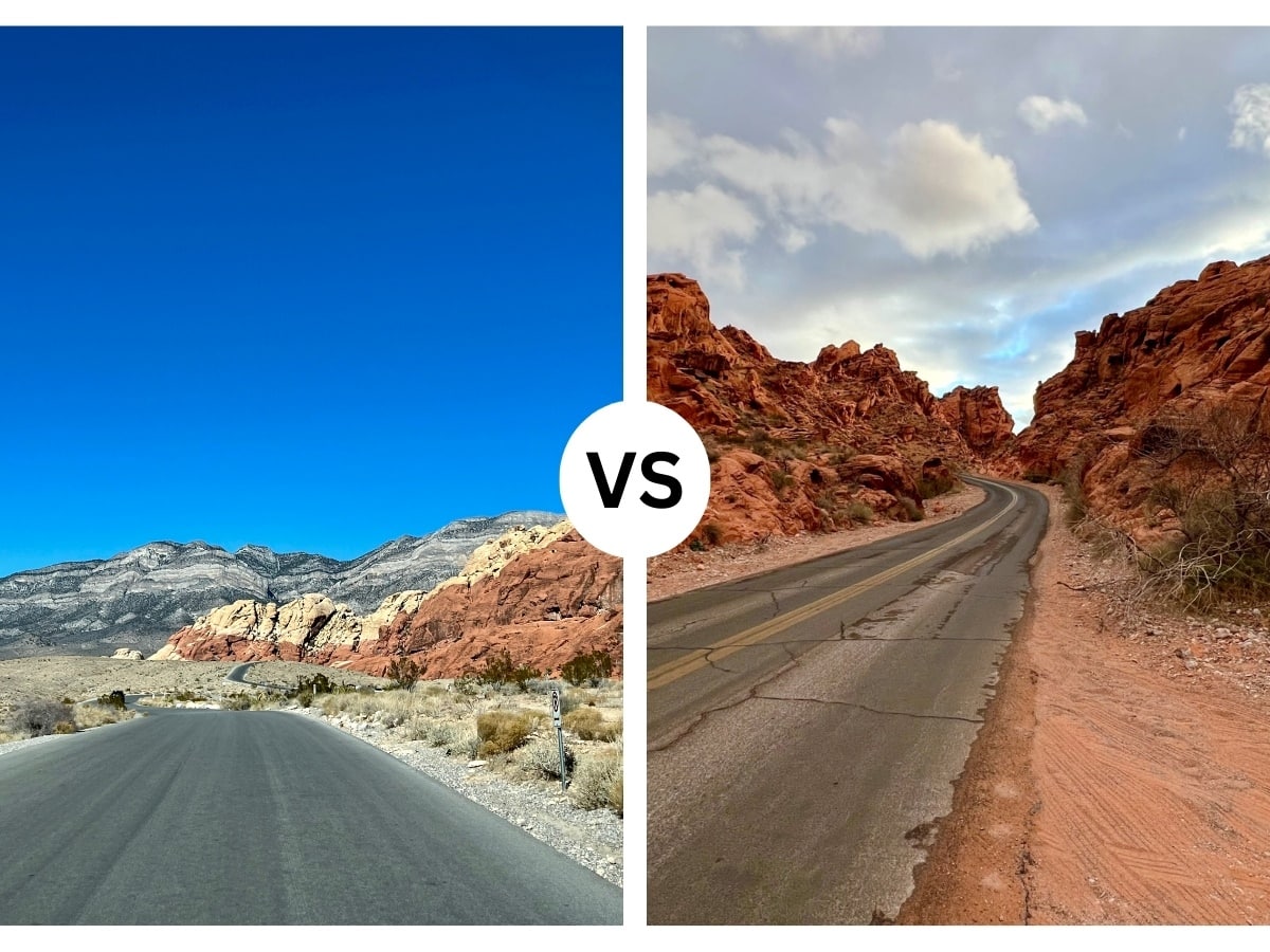 A collage with two photos of Red Rock Canyon scenic drive road on the left and Valley of Fire Scenic drive on the right showing comparison between Red Rock Canyon vs Valley of Fire