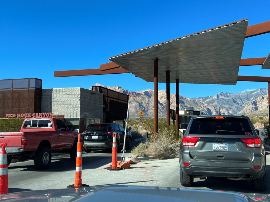 Cars waiting at the Red Rock Canyon entry checkpoint