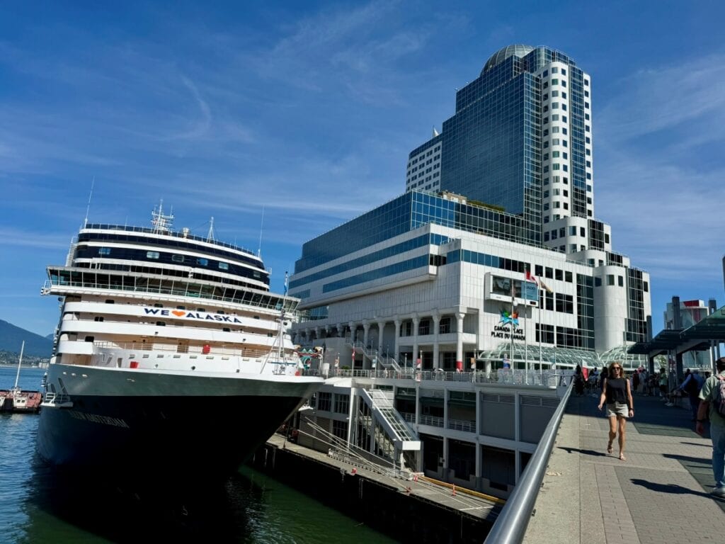 Canada Place in Vancouver with a cruise ship docked