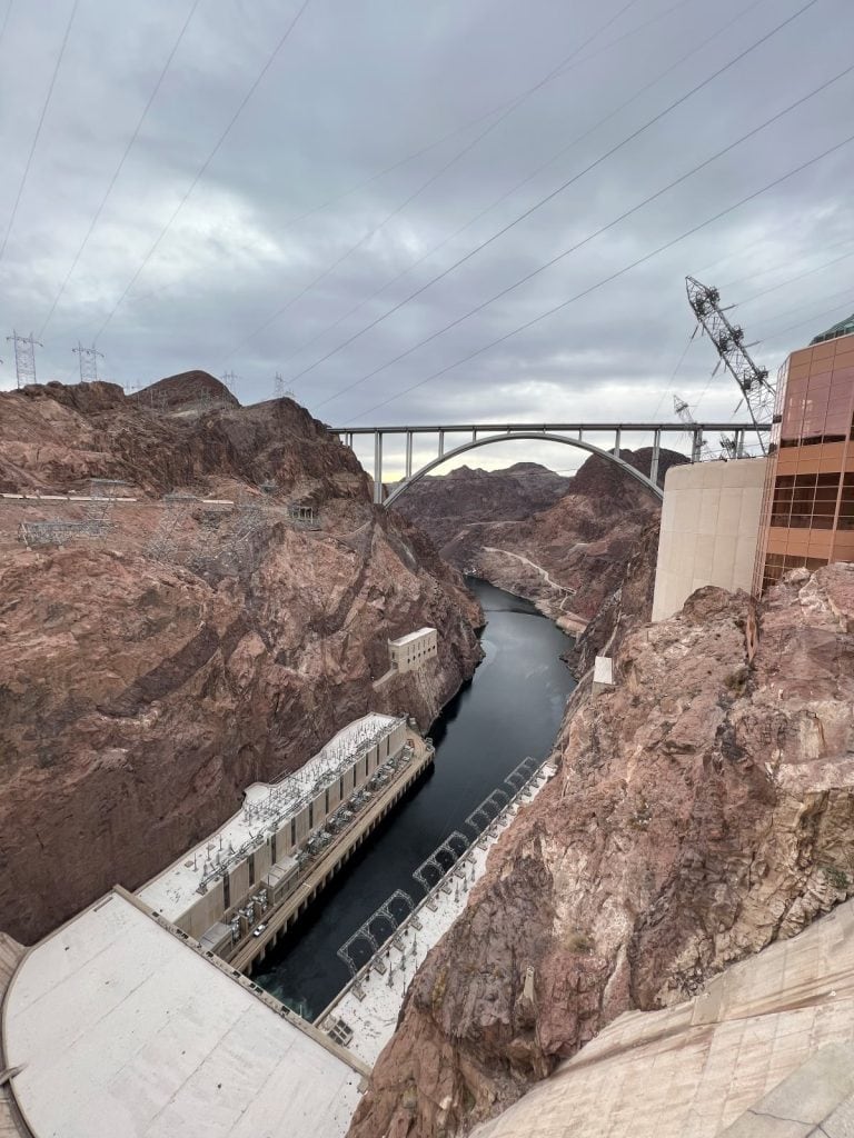View of Colorado River and Memorial Bridge from top of Hoover dam