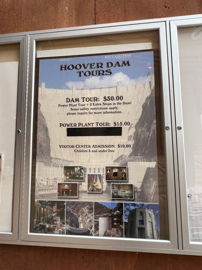 An information board showing the various types of Hoover Dam tours and their cost