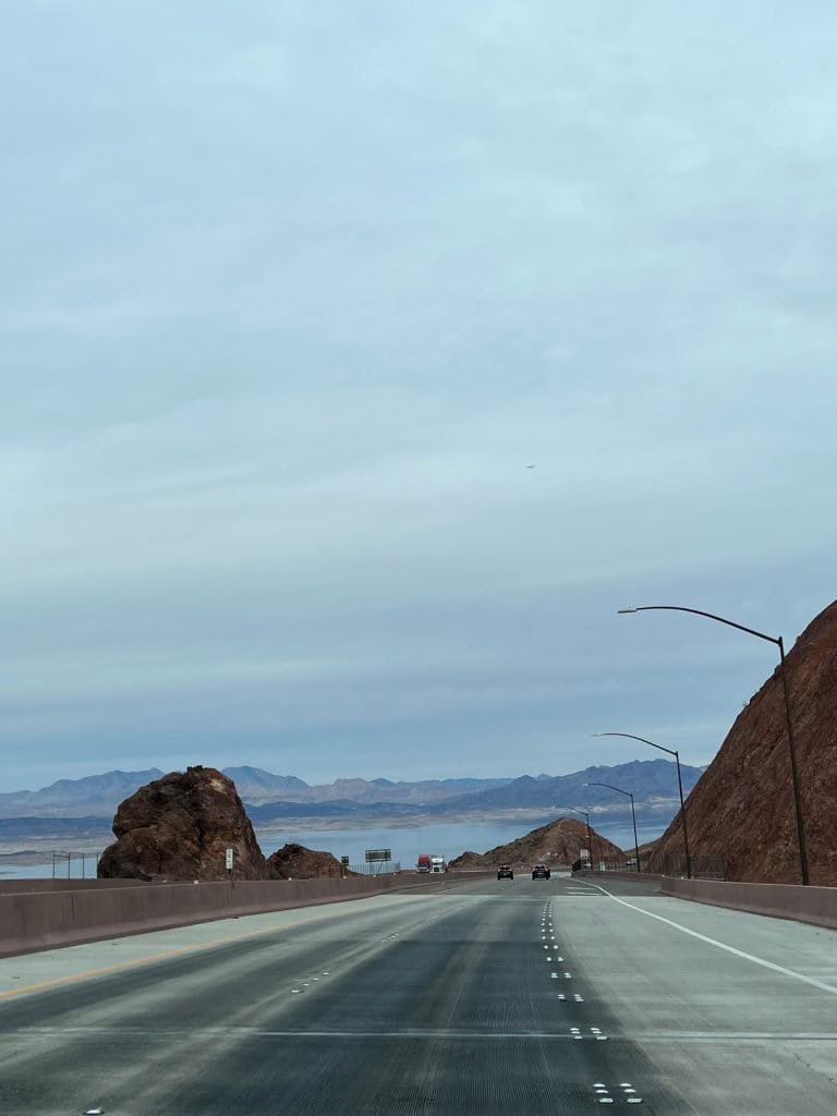 Scenic drive from Las Vegas to Hoover dam with view of Lake Mead