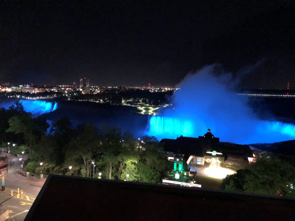 Night-time Niagara Falls view from our hotel room