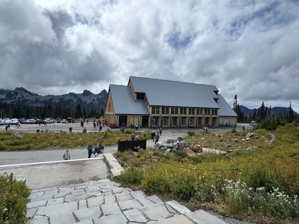 Visitor Center at Paradise is against a stunning backdrop of mountain ranges